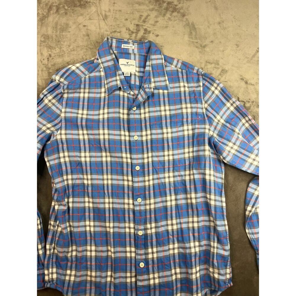 American Eagle Shirt Men L Blue Black Plaid Seriously Soft Button Up Long Sleeve
